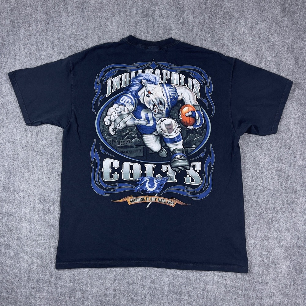 Y2K Indianapolis Colts NFL T-Shirt Mens XL Blue Graphic Mascot Grinding It Out